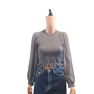 Aritzia Wilfred Size S Temptest Smocked Cropped Blouse in Granite Blue TINY FLAW
